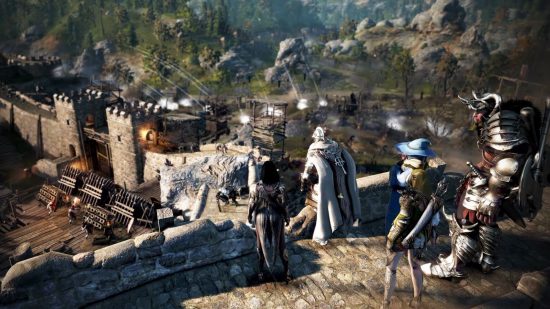 Best new MMOs: A party of heroes in Black Desert stand on a parapet overlooking a castle siege in progress.