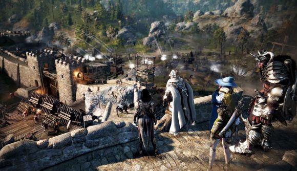 Best new MMOs: A party of heroes in Black Desert stand on a parapet overlooking a castle siege in progress.