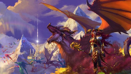 Best new MMOs: Alexstrasza as depicted in both her human and draconic forms in WoW Dragonflight, as a flock of dragons return to the mysterious Dragon Isles in the distance.