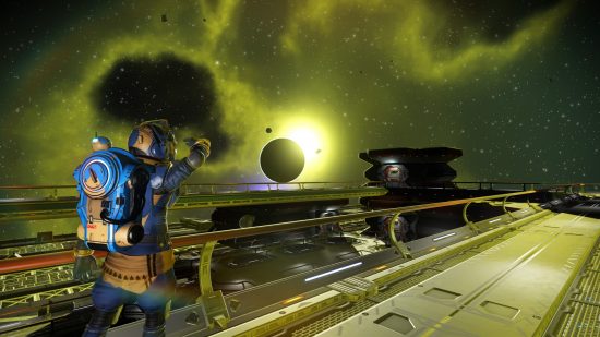 No Man's Sky Polestar Expedition: An astronaut in a blue uniform shields their eyes from a partial eclipse as they cross the exterior hull of a large frigate