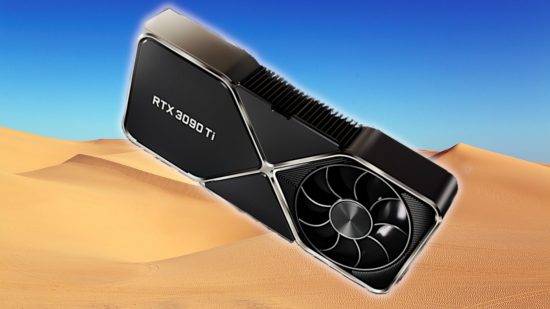 An Nvidia GeForce RTX 3090 Ti against a desert backdrop