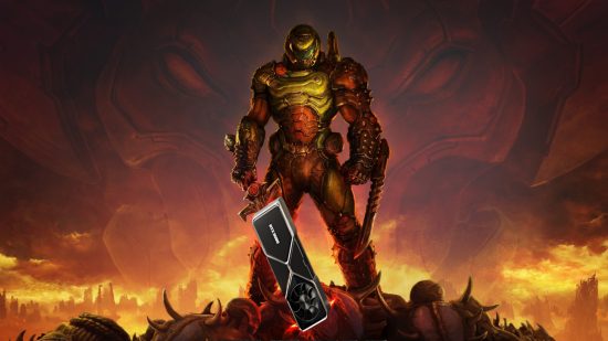 Doom Eternal protagonist standing atop a pile of skulls, armed with their sword which has been replaced with an Nvidia GeForce RTX 3080 Founders Edition graphics card