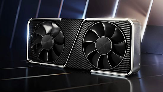 Nvidia GeForce RTX 4000: A 3000 series Founders Edition graphics card, rests on a super reflective metallic floor with light shafts bursting through it