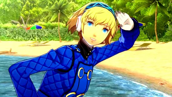 Persona 3 remake and Persona 2 remake: Aigis from Persona 3 saluting on a beach mid-dance