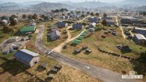 Playerunknowns Battlegrounds PUBG Map: A zoomed out shot of a empty, small village in PUBG