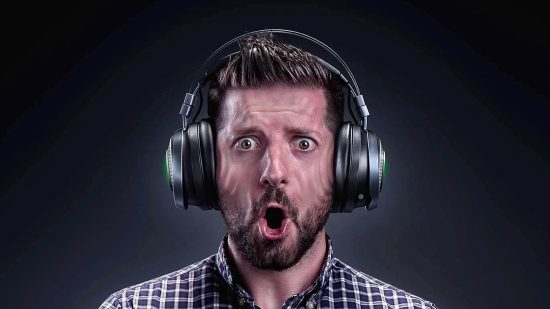 Razer Hypersense image with person wearing vibrating headphones with shocked look on face