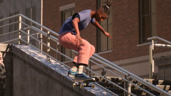 Skate 4 free to play: A skateboarder prepares to land in a city back alleyway