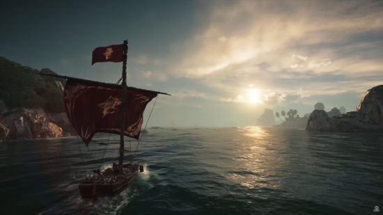 Skull and Bones ships: a small ship sails into the sunset.