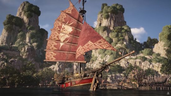 Skull and Bones ships: a small ship with bright red sails.
