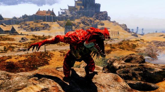 Skyrim mod - Feral Dragon Avatar - a red dragon roars in the fields outside Whiterun