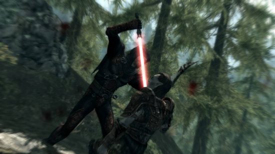 Skyrim mods: A character wields a light saber