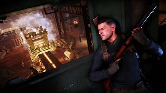 Sniper Elite 5 DLC: Karl Fairburne holds a DL Carbine while hiding behind a pillar overlooking a Nazi production line in a factory.