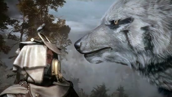 Soulframe interview: the player character in Digital Extremes' coming RPG game faces a giant white wolf at the end of the announcement trailer. Earlier, they had imprisoned the creature, but now they have freed it, and it regards them with new eyes.
