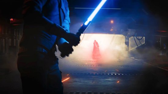 Star Wars Jedi: Survivor Steam page: Cal Kestis, in the foreground, holds a lit lightsaber as a shadowy figure emerges from the fog of a spaceship's hold in the distance.