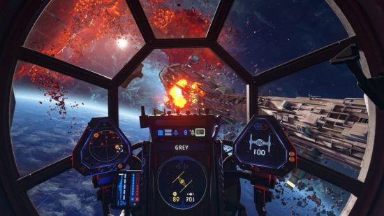 Best Star Wars games on PC: a view through a spaceship cockpit window at an ongoing battle
