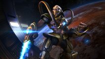 StarCraft: Remastered free with Prime Gaming: A Protoss Zealot clenches their fist, a gas-covered planet can be seen in the background through a window on an orbiting starship