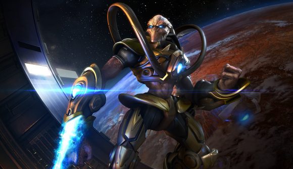 StarCraft: Remastered free with Prime Gaming: A Protoss Zealot clenches their fist, a gas-covered planet can be seen in the background through a window on an orbiting starship