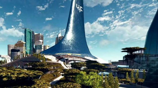 Starfield New Atlantis: A tall, glass spire rises out of the cityscape, with the letters 'UC' at its pinnacle