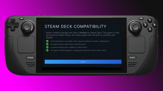 Steam Deck with compatibility guidance on screen and purple backdrop