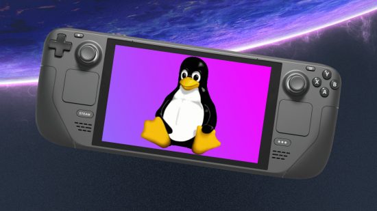 Steam Deck with SteamOS backdrop and Linux mascot Tux the penguin on screen