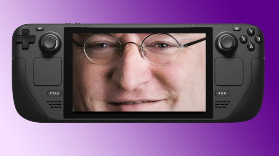 Steam Deck with Gabe Newell face on screen and purple backdrop