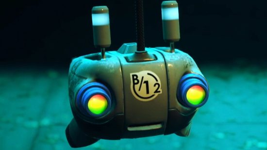 Stray memories guide: A close-up on B-12, the companion robot that accompanies the stray on his quest through the Walled City. B-12 is a small drone with a two lights for eyes and a vent for a mouth, with two antennae sticking out of the top of its head for ears. B-12 is stamped on the front of their casing.
