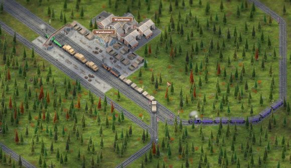 Sweet Transit Early Access: Trains queue up to approach a station that services a warehouse in a forested area
