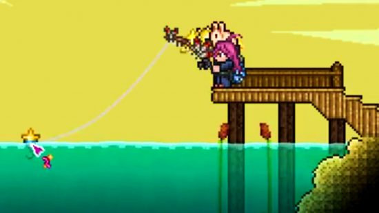 Terraria 1.4.4 update adds gear loadouts - a character with pink hair fishing from a pier at the ocean in Terraria