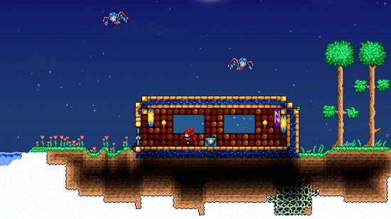 Find Terraria sky islands easily with one weird trick - a red-haired character in a sky island house, surrounded by flying harpies
