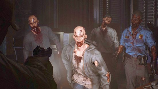 The Day Before system requirements: screenshot of zombies, with one in centre wearing hoodie and one on right wearing police uniform