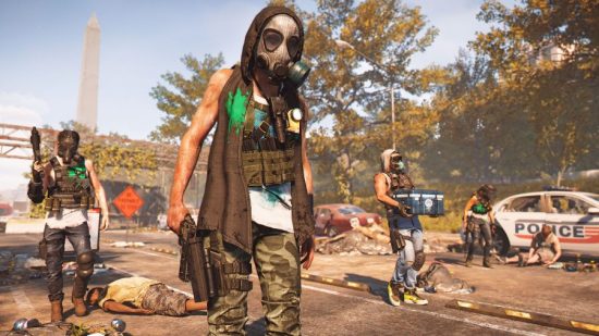 The best co-op games on PC, The Division 2: Four Division scavengers wearing face masks and carrying weapons and loot