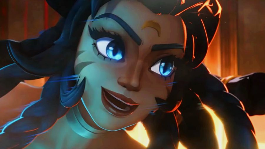 Torchlight Infinite - a blue-eyed woman with long braided hair gives an open-mouth smile