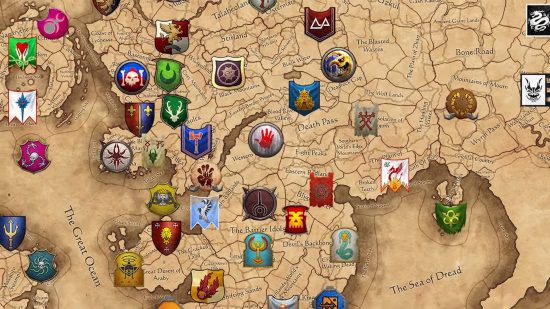 Total War: Warhammer 3 Immortal Empires map, with factional crests representing where each race starts.