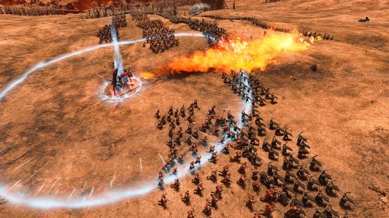 Total War: Warhammer 3 AI General 3 mod: A massive daemon breathes fire toward advancing infantry units on a scorched desert plain.
