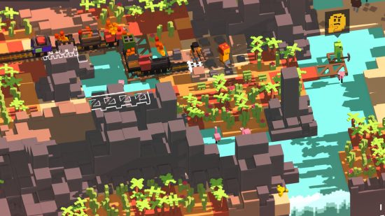 Free PC game: Unrailed: Teams work to find a way across a river in a desert environment built from voxels