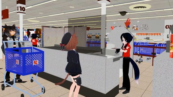 VRChat Kmart: An anime Kmart customer haggles with an anime Kmart associate at the check-out aisle, while an anime catboy stands behind a blue Kmart shopping cart