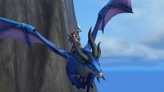 world of warcraft wow ragonflight alpha preview dracthyr flying on blue dragon in azure span