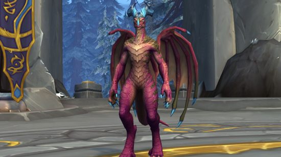 world of wacraft wow dragonflight female dracthyr in azure span stands and looks at camera