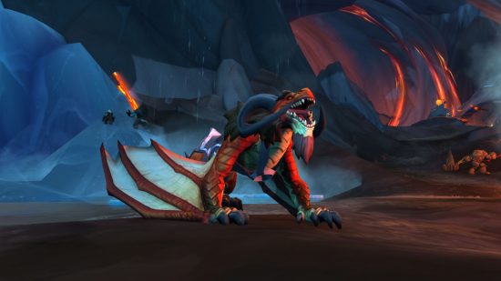 World of Warcraft WoW Dragonflight alpha patch notes: large red and blue dragon roars in icy volcanic area