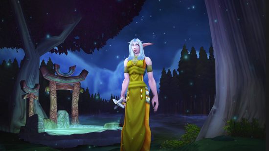 world of warcraft wow female knight elf stands in homeworld
