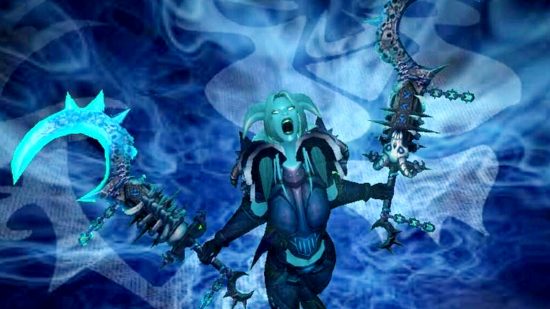 world of warcraft wow wrath of the lich king wotlk classic death knight draeni with two scythes screams at camera