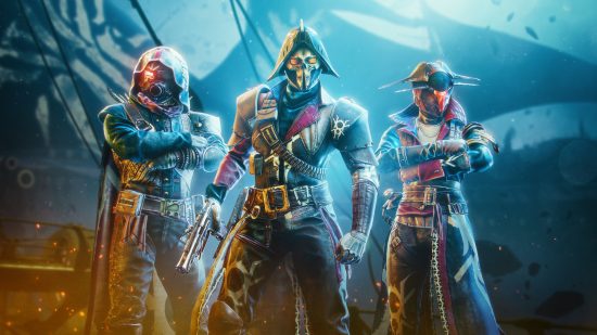Destiny 2 exploit sees skill-based matchmaking completely negated: Three Destiny 2 guardians stand side by side wearing pirate-themed armour