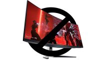 The Alienware QD-OLED AW3423DW gaming monitor surrounded by a black stop symbol