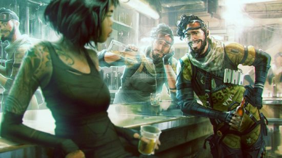 Apex Legends skins hint next event could feature Aliens and Predators: a man and a woman lean on a bar while a hologram pours a drink