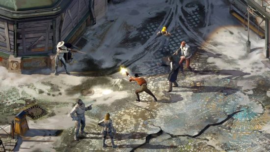 Best RPG games - two groups of people armed with guns face of in Disco Elysium.