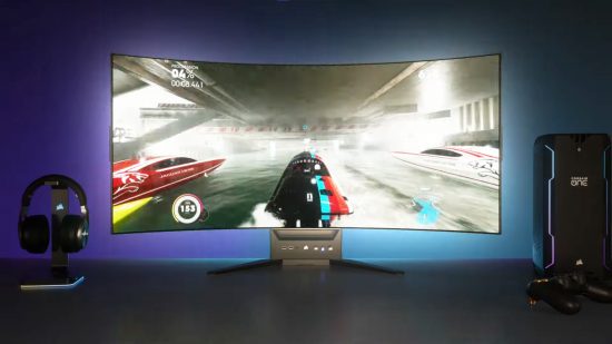 Corsair's bendable OLED gaming monitor - the Xeneon Flex - sits in a dark room next to a gaming PC