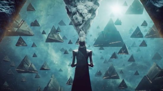 Destiny 2 season 18: The Witness stands in front of dozens of floating, black pyramids.