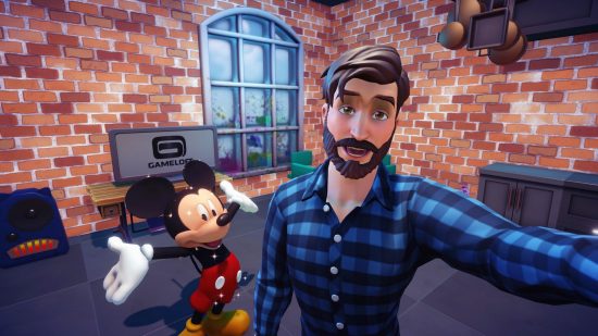 Disney Dreamlight Valley selfie competition could see players win big: a man holds a camera and takes a selfie with Micky Mouse