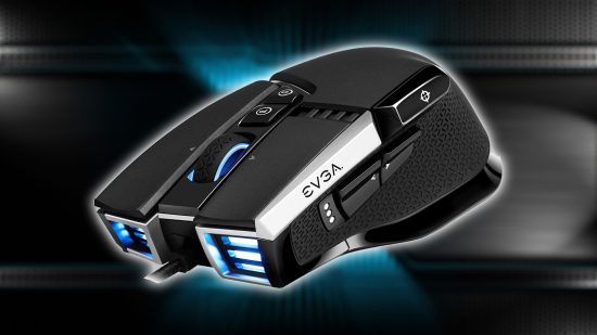EVGA X17 gaming mouse with blurred brand backdrop