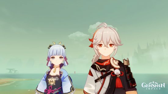 Genshin Impact leak raises friend list cap: Kazuha and Ayaka stand on a beach under the evening sky